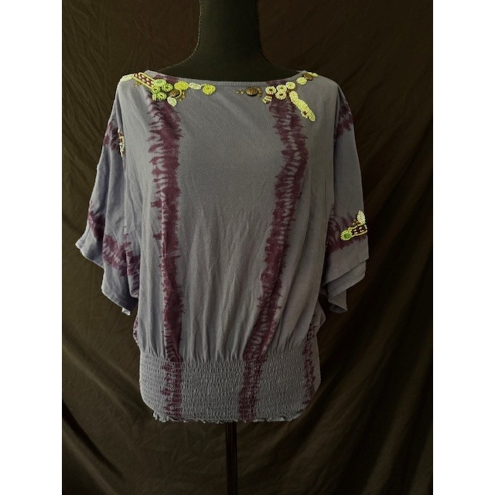 RXB Womens Tie Dye Beaded Dolman Sleeve Smocked Hem Cotton Top Purple Grey L